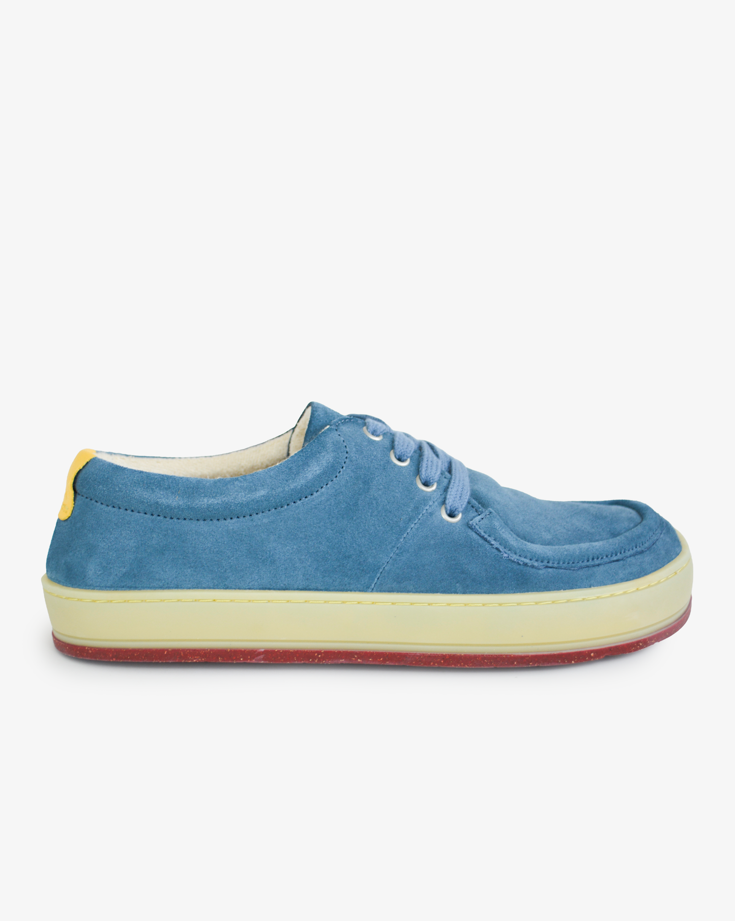 Women's barefoot wallabee Aurox Blue Mirage in blue leather with translucent gum sole, side view on white background