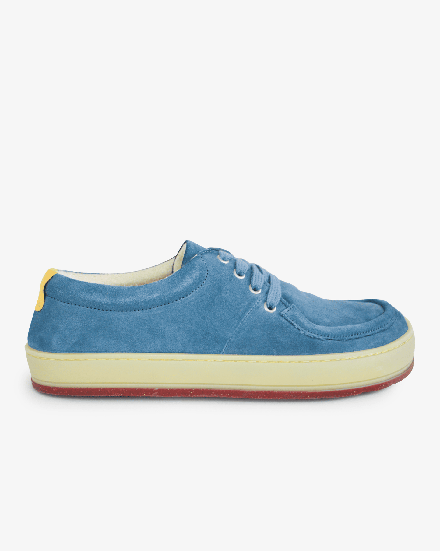 Men's barefoot wallabee Aurox Blue Mirage in blue leather with translucent gum sole, side view on white background