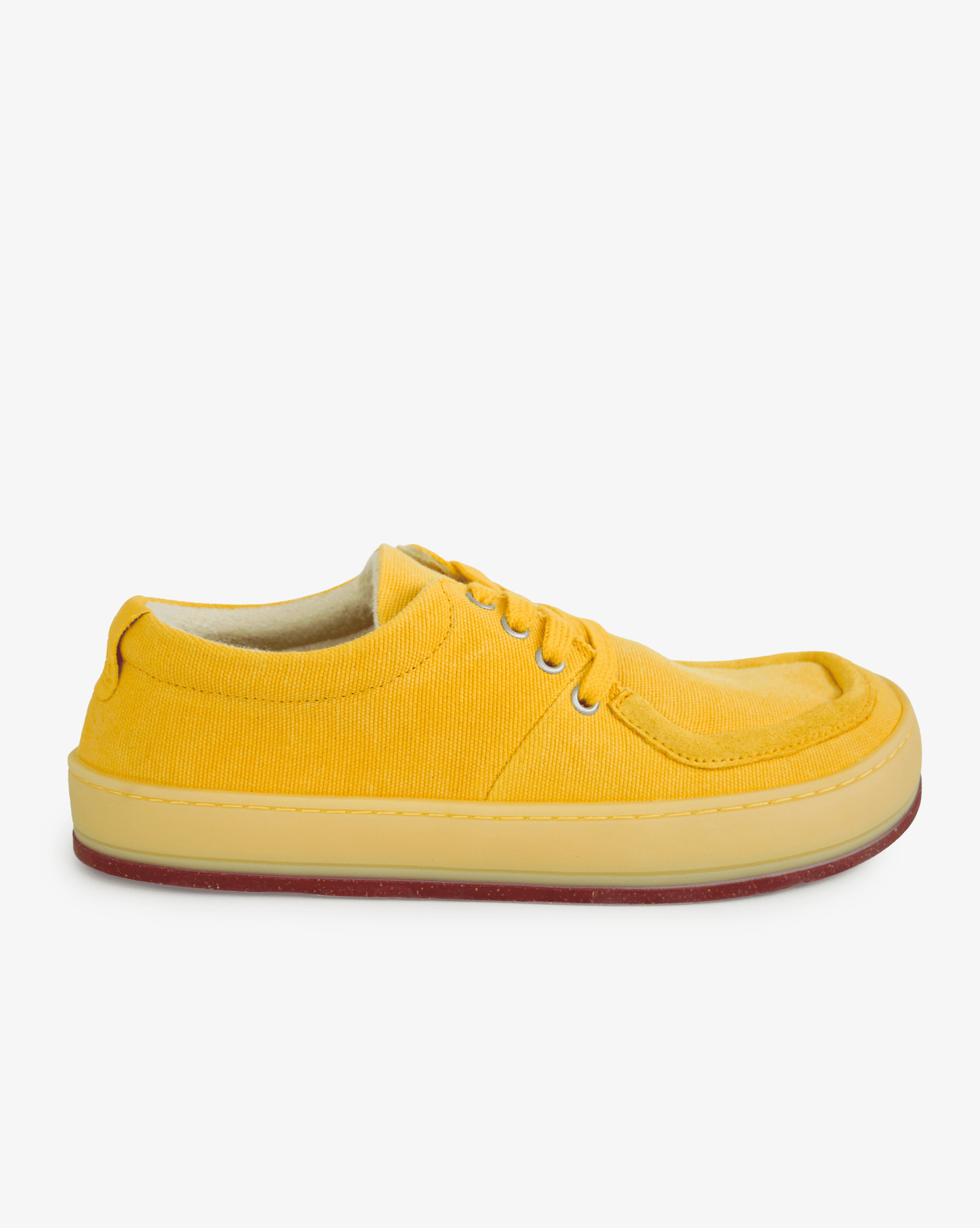 Women's barefoot wallabee Aurox Citrus in yellow canvas with translucent gum sole, side view on white background