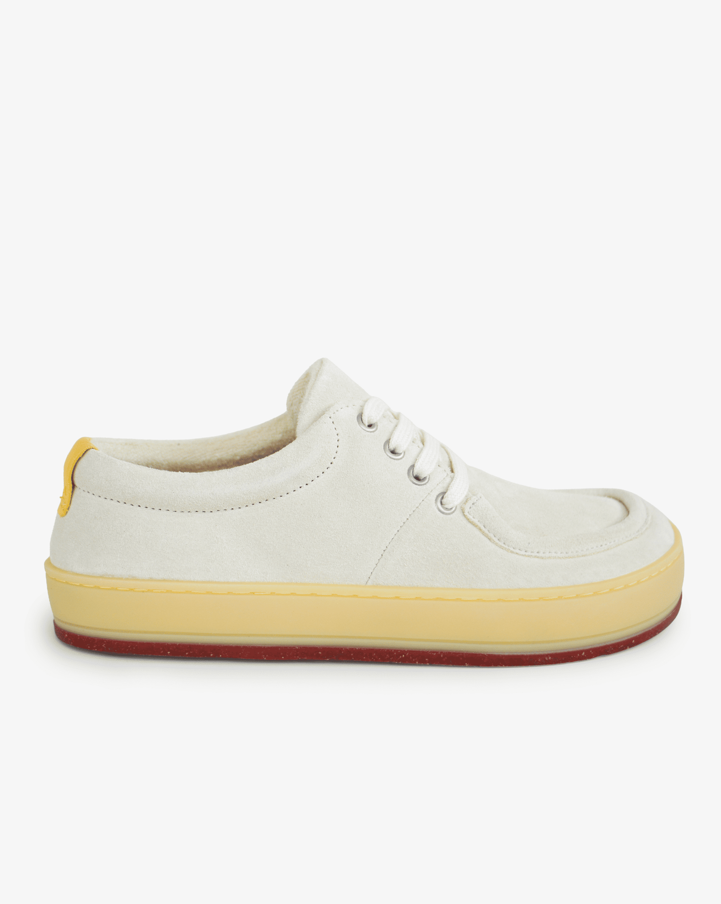 Women's barefoot wallabee Aurox Whitecap in offwhite leather with translucent gum sole, side view on white background