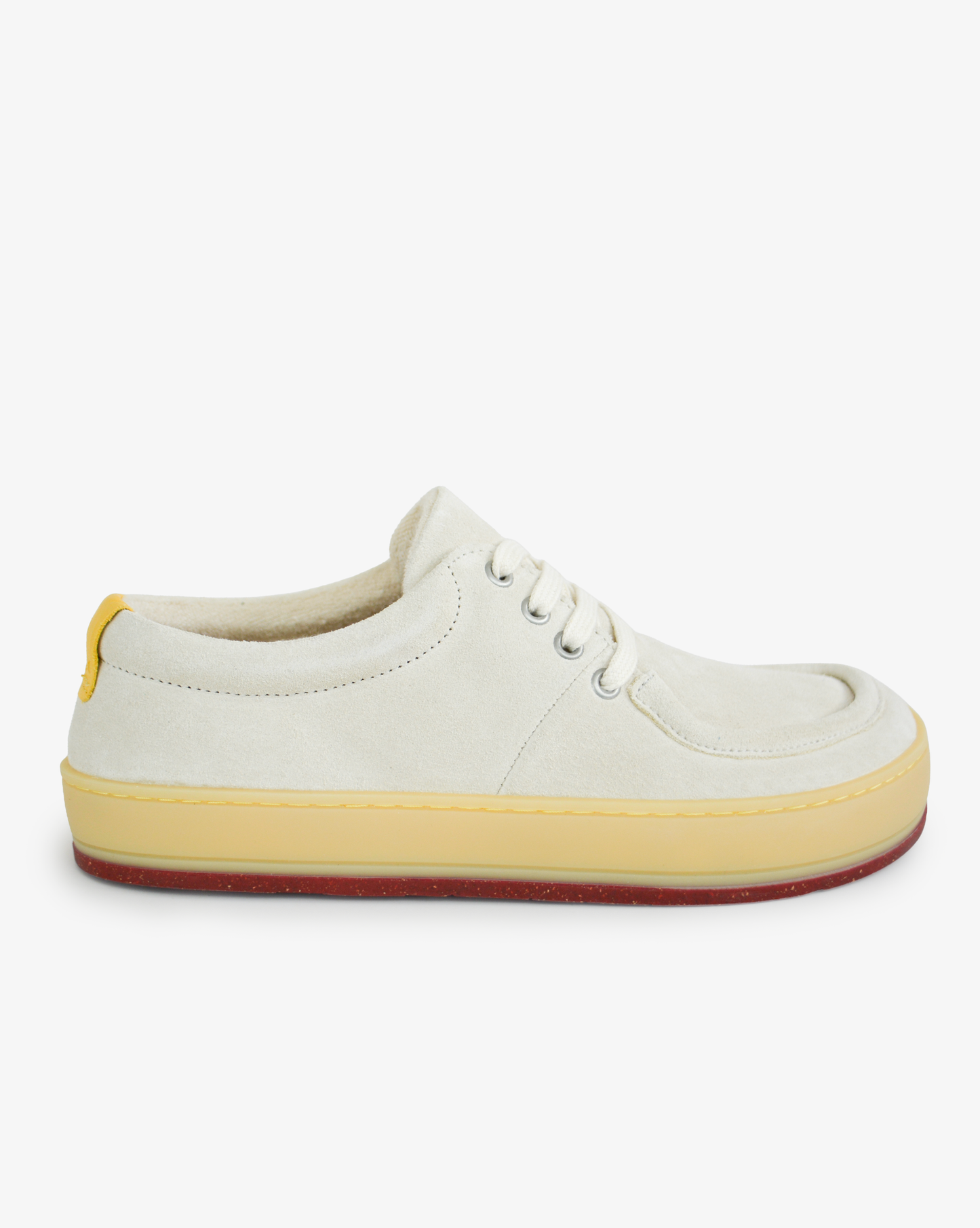 Men's barefoot wallabee Aurox Whitecap in offwhite leather with translucent gum sole, side view on white background