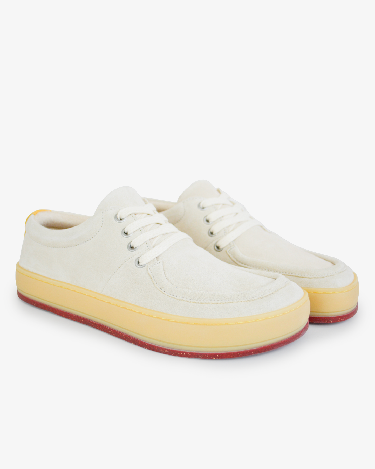 Men's barefoot wallabee Aurox Whitecap in offwhite leather with translucent gum sole, pair view on white background