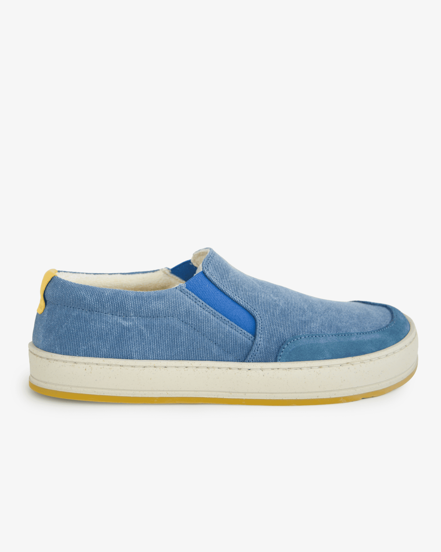 Men's barefoot slip on sneaker Azari Marino in blue recycled canvas with offwhite and yellow sole, side view on white background