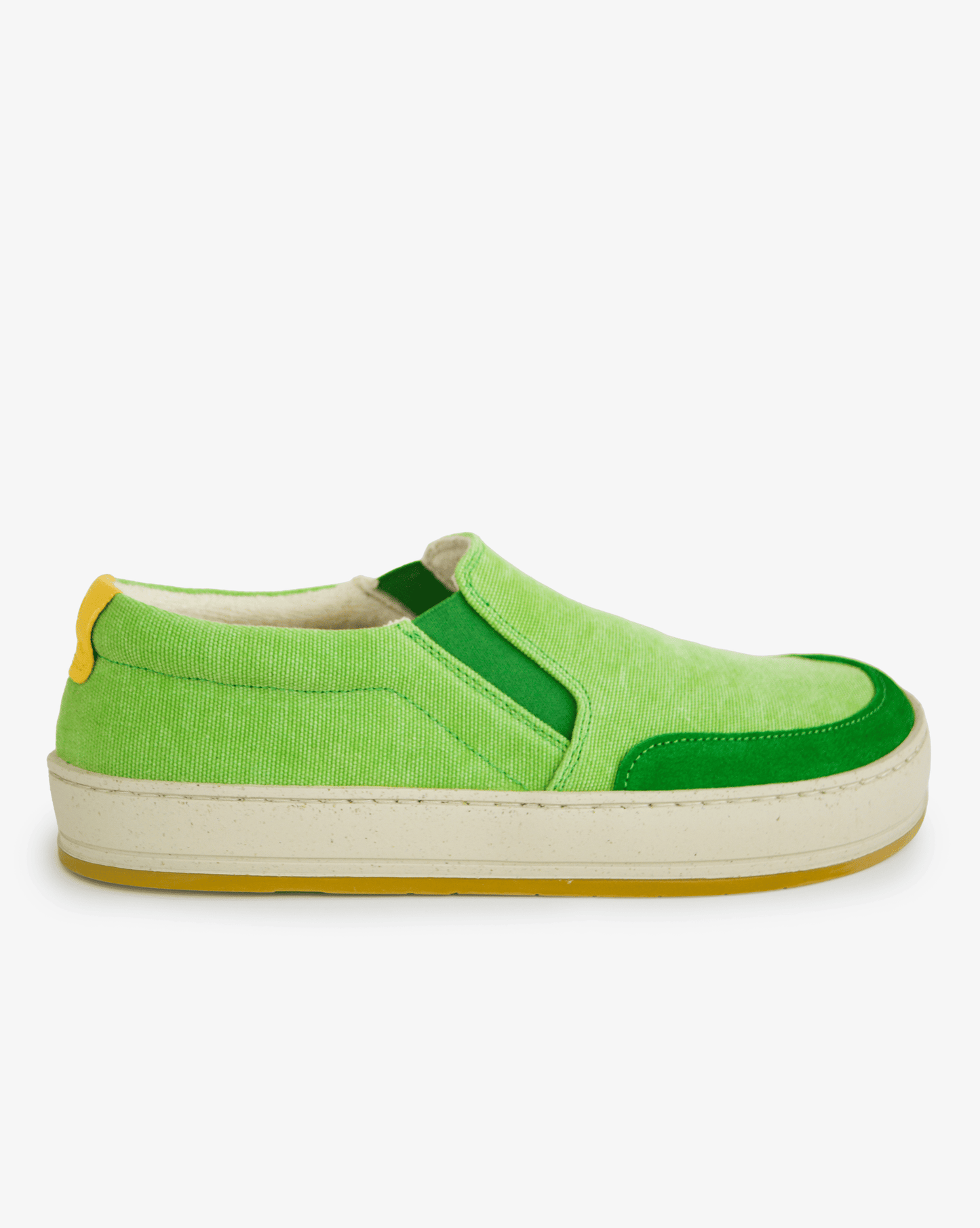 Women's barefoot slip-on Azari Menta in light green canvas with offwhite and yellow sole, side view on white background